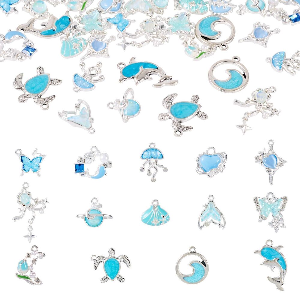 3087 Beadthoven 30pcs Ocean Theme Alloy Enamel Charms Blue Dolphin Turtle